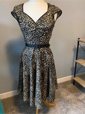 Leopard Print Fit-and-Flare Dress with Belt - Black & Tan